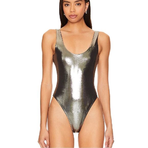 NWT superdown nadia bodysuit silver metallic top blouse Revolve S - Picture 1 of 8
